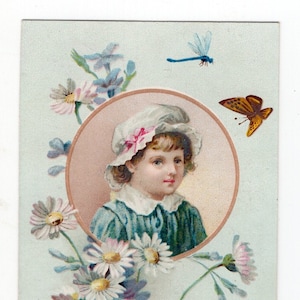 Antike Champagner-Werbekarte, kleines Mädchen Gänseblümchen Schmetterling Libelle, der Ritter Chevalier von Beaugaersine, französisch, niederländisch, Minibild