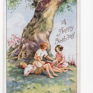 carte postale d'art antique vintage Rene Cloke - Heure du conte, carte d'anniversaire, slow living, frères et sœurs, enfants, enfance, illustration, rats de bibliothèque