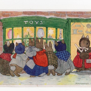 Postal artística vintage de Margaret Tempest, escaparates navideños, conejos antropomórficos, juguetería, día nevado, magia navideña, Medici