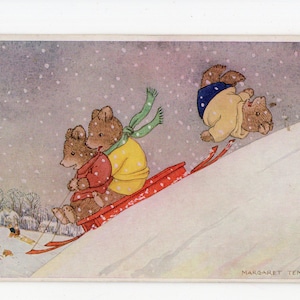 carte postale d'art vintage Margaret Tempest - ours anthropomorphes, luge en peluche, traîneau, jour de neige, jour d'hiver, carte de voeux animaux mignons