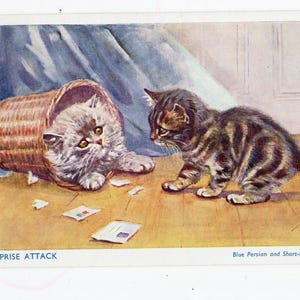 Cartolina d'epoca con gattini di Mabel Gear - Surprise Attack, gatto persiano blu, soriano, giocoso, illustrazione, ritratto di animale domestico, piccola immagine