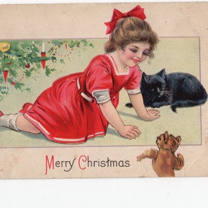 Antica cartolina di Natale con bambina, gatto e orsacchiotto - auguri di Natale vintage, gatto nero, vestito rosso, simpatico biglietto di Natale, animali domestici