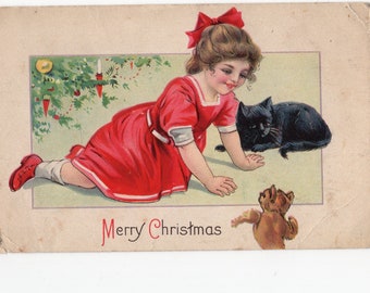 Antique little girl, cat and teddy Christmas postcard - vintage Xmas greetings, black cat, red dress, cute Christmas card, pets