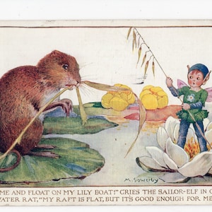 Antique Millicent Sowerby fairy postcard, Woodland Games, water rat, water vole, lily pad, fantasy postcard, waterlily pixie, nursery decor