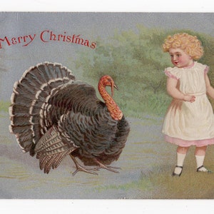 Cartolina d'epoca con ragazza e tacchino, cartolina d'auguri edoardiana, cartolina fantasy, buon Natale, cartolina di Natale vintage, pollame