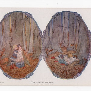 Carte postale d'art ancienne de Willebeek Le Mair - enfance, enfants, bébés dans les bois, forêt magique, petites rimes pour petits gens, vignette
