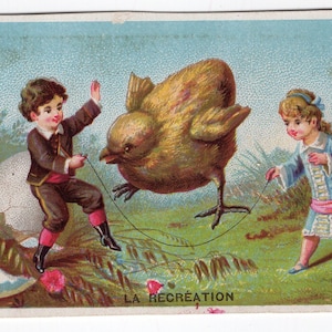 Tarjeta de Pascua de pollito antropomórfico francés antiguo, postal de fantasía, tarjeta de felicitación de Pascua victoriana en miniatura, saltar la cuerda, niños