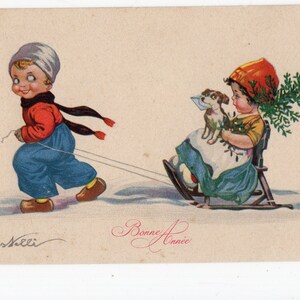 Antique dog & sleigh festive postcard, man and woman, terrier dog, Bonne Annee, vintage greetings card, Christmas card, winter day