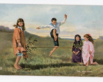 Antique high jump art postcard -  children playing games, vintage sports day, little girls and boys, bucolic, siblings, Oilette Fun & Frolic