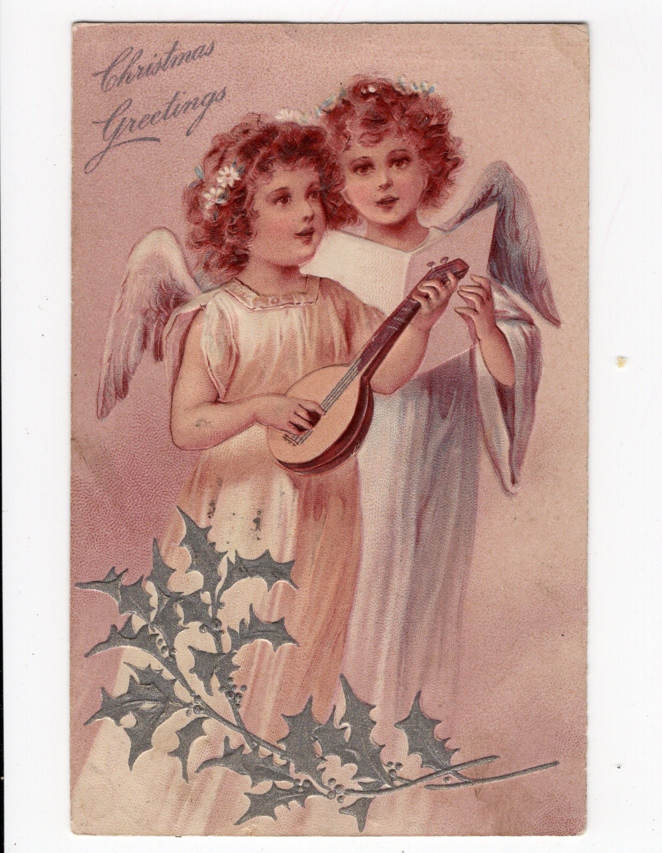 Antique Christmas angels postcard, rose blush pink, Edwardian Christmas card, pretty angels, lute, musicians, shabby chic religious postcard