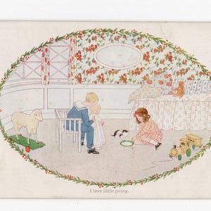 Antica cartolina artistica di Willebeek Le Mair - infanzia, adoro il gattino, bambina e bambole, asilo nido, tata, tempo libero, bambole, giocattoli