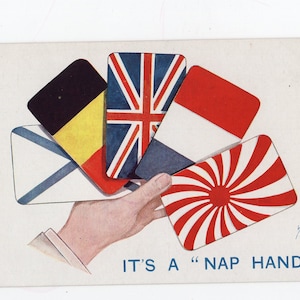 Cartão postal patriótico antigo da Primeira Guerra Mundial - bandeiras aliadas, cartas de baralho, baralho, mão de soneca, novidade, vitória, risco, chance, artista Stocker Shaw assinado