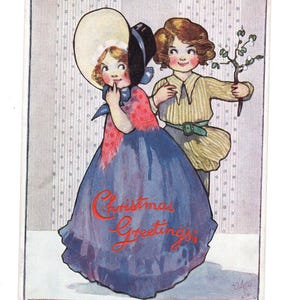 Antike Agnes Richardson Weihnachtspostkarte - kleiner Junge & Mädchen, Mistelzweig, Damenmann, Weihnachtsgrußkarte, Künstler signiert, Kinder, Kuss