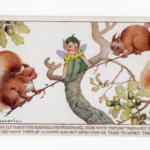carte postale vintage d'art de lutin Margaret Sowerby - Woodland Games, écureuils roux, glands, elfe, fée, illustration pour enfants, chéri, shabby chic