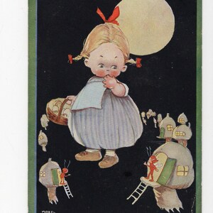carte postale vintage de fée Mabel Lucie Attwell - maisons de lutins, champignons vénéneux, cueillette de champignons, petites fées, décoration de chambre d'enfant, enfants, enfance