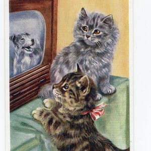 carte postale vintage d'art de chats de chats de Mabel Gear - télévision de chat, fox terrier, persan bleu, chat tigré, télévision, portrait d'animal de compagnie, petite image