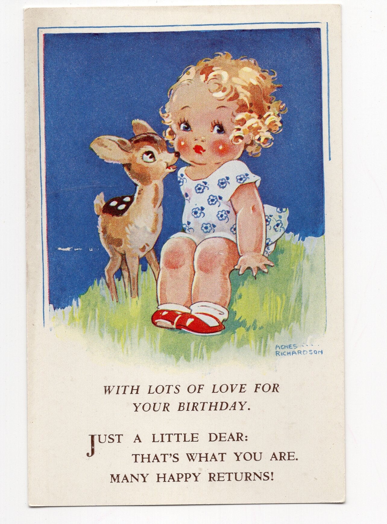 Antique Agnes Richardson Birthday Postcard, Little Girl and Bambi