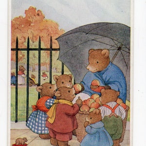 carte postale vintage ours bruns Margaret Tempest, pommes douces, ours en peluche anthropomorphes, vendeur de pommes, animaux mignons, ours vêtus