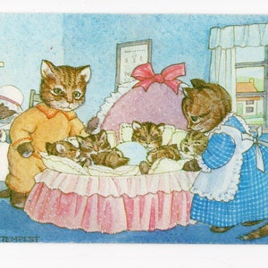 Vintage Margaret Tempest Katzen Wiege Postkarte, getigerte Kätzchen, Anthropomorphe Katzen, Kleiderkatzen, neue Babys, Kinderzimmer, Kinderfürsorge, neue Eltern
