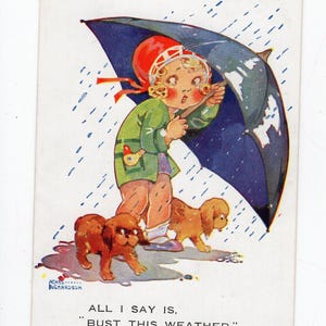 Cartolina d'epoca con cani di Agnes Richardson - bambina e cuccioli, pioggia a catinelle, novità, firmata dall'artista, animali, giorno di pioggia