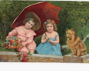 Antique little girls & dog postcard, pet portrait, adorable animals, family pet, love letter, happy birthday greetings, summer days