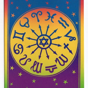 carte postale horoscope signe astrologique vintage - art des années 90, années 1990, signes de terre air eau feu, astrologie, an 2000, signes du zodiaque, acide, psychédélique