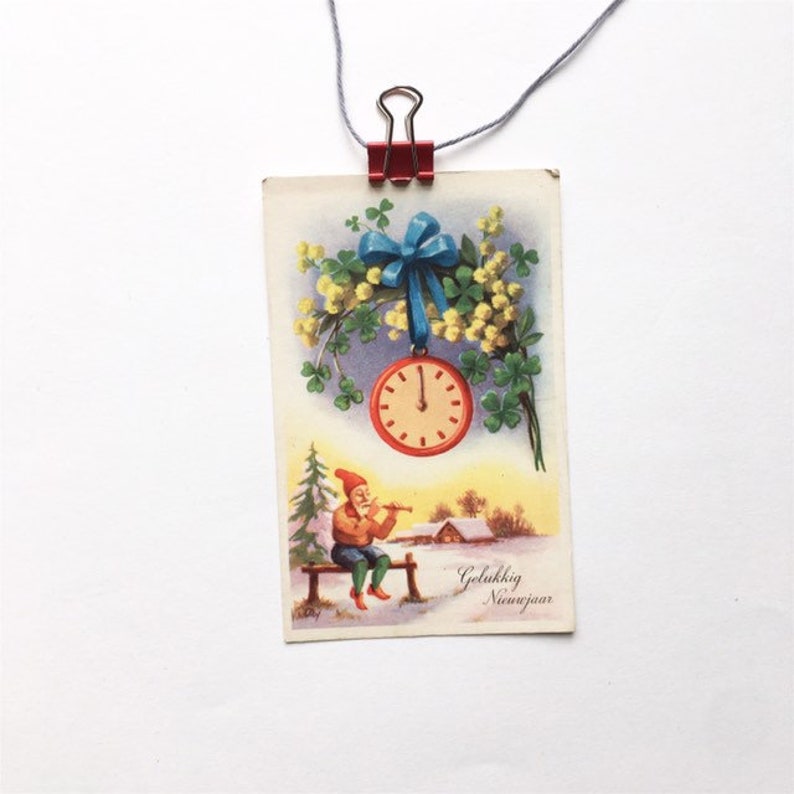 Happy New Year Gelukkig nieuwjaar winter holidays,Dutch postcard 1920s postcard Antique Christmas elf gnome postcard