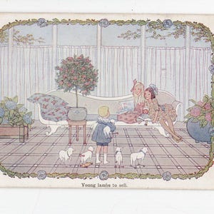 Cartão postal de arte antigo de Willebeek Le Mair - infância, crianças, meninas, menino com cordeiros, pastor, rebanho, ovelhas, Pequenas Canções de Há Muito Tempo