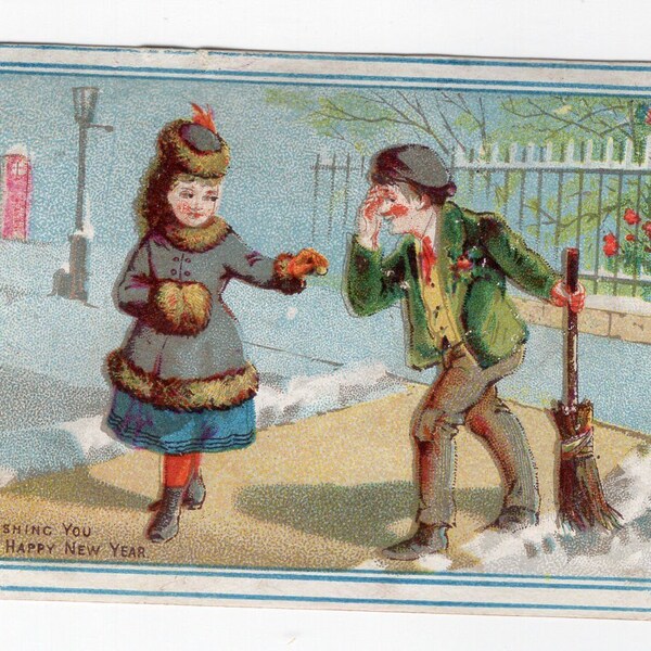 Miniature antique New Year greetings card, white Christmas, romantic couple, dating, gift for wife girlfriend husband, little children