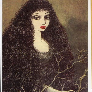 Vintage Schneewittchen Gebrüder Grimm Kunstpostkarte - British Biblioteca, Märchen, Glamour, Fantasy, lange schwarze Rabenhaare