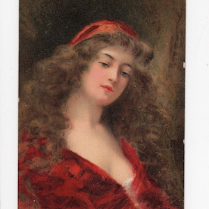 Antike Glamour Frauen Kunstpostkarte - dunkles Haar, rote Rose, Asti, Edwardian, klassische Schönheit, romantisch, Valentinstag, Mädchen