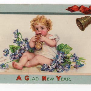 Antica cartolina di Capodanno di Frances Brundage - cartolina artistica, piccolo cherubino bambino con fiori, Misch and Co, auguri di Natale vintage