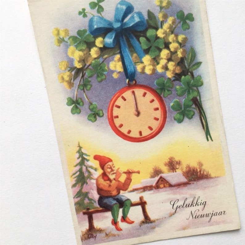 Happy New Year Gelukkig nieuwjaar winter holidays,Dutch postcard 1920s postcard Antique Christmas elf gnome postcard