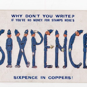 Carte postale originale de policier - six pence en cuivre, jeu de mots, humour comique de bord de mer, offre de police, écrivez-moi, Bamforth & Co
