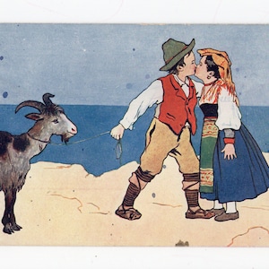 Antica cartolina illustrata del pastore di capre - bambini al mare, cartolina d'arte Depose, scena sulla spiaggia, immagine divertente