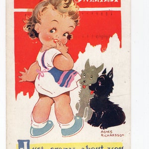 Ancienne carte postale Agnes Richardson Scottie chiens scottish, petite fille et chiots, nouveauté, artiste signé, animaux, terriers écossais