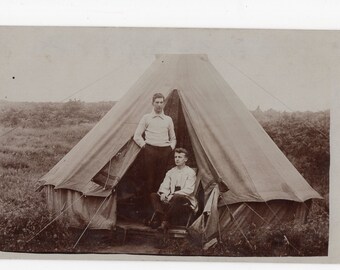 Antique camping trip photo postcard - canvas tent, boy's holiday, stag, glamping, hiking, mountaineering, social history, sepia, black white