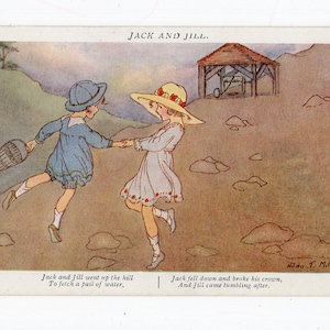 Cartão postal de arte antigo de Hilda T Miller, tema de infância, crianças, Jack e Jill, pastel, canção de ninar, menina e menino, Faulkner and Co