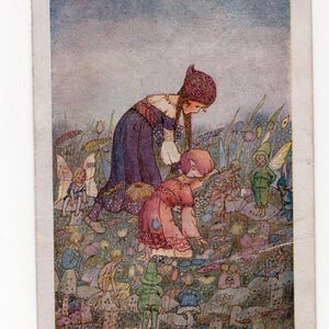 Ancienne carte postale d'art féerique Hilda T Miller, dans le cercle magique, lutins, fées, fantaisie, pays des fées, champignons, champignons, art pastel