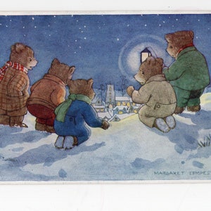 carte postale vintage Margaret Tempest ours d'hiver - Les explorateurs, nuit d'hiver, nuit de neige, ours anthropomorphes, clair de lune, aventuriers