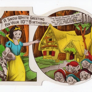 Ancienne carte postale d'anniversaire découpée de Blanche-Neige - numéro 10, dixième anniversaire, Walt Disney, vintage, carte brillante, chiffres, princesse de conte de fées