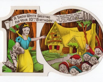 Antieke Sneeuwwitje uitgesneden verjaardagskaart - nummer 10, tiende verjaardag, Walt Disney, vintage, glanskaart, cijfers, sprookjesprinses