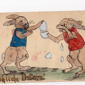 Carte postale antique de lapins de Pâques dessinée à la main, croquis de dessin à l’encre naïve, lièvres de mars, artiste amateur, original, mini œuvre d’art vintage, peinture