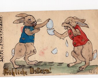 Antique hand drawn Easter Bunnies postcard, naive ink drawing sketch, March Hares, amateur artist, original, mini vintage artwork, painting