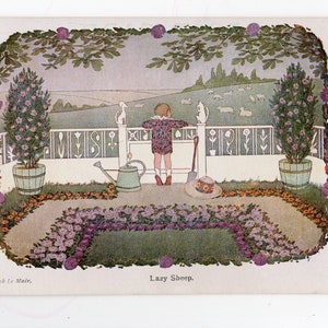 Carte postale d'art ancienne de Willebeek Le Mair - enfance, enfants, moutons paresseux, jardin de campagne, cadeau pour jardinier, petites rimes pour les petits