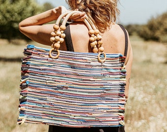 Woven shoulder bag | Striped bag | Summer bag | Tote | Beach bag | Portuguese handicrafts