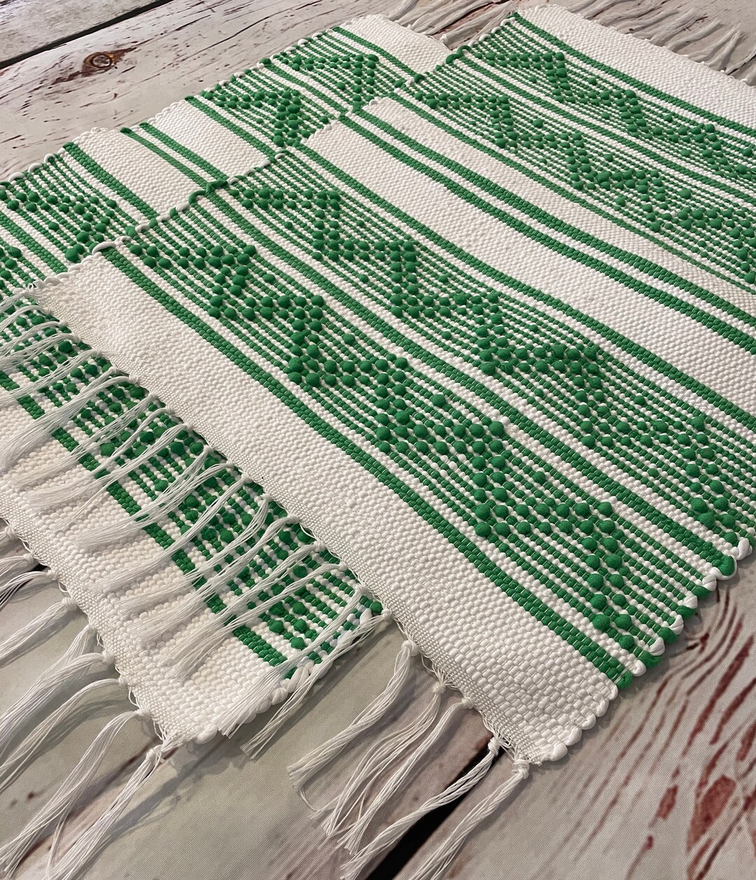 Set of Green and White Placemats Handmade Woven Placemats Etsy