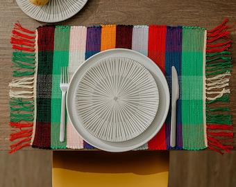 May include: A gray and white patterned plate with a white rim sits on a colorful woven placemat with fringe. A fork and knife are placed on either side of the plate.