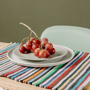 Pode incluir: Um prato branco com um cacho de uvas vermelhas em cima de um tapete de mesa listrado colorido. O tapete de mesa é feito de tecido tecido e tem uma variedade de cores, incluindo vermelho, azul, verde, amarelo e laranja.