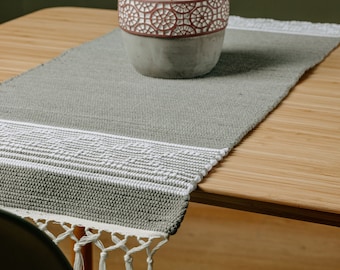 Gray and white table runner | Handmade woven table runner | Home decor | Kitchen decor